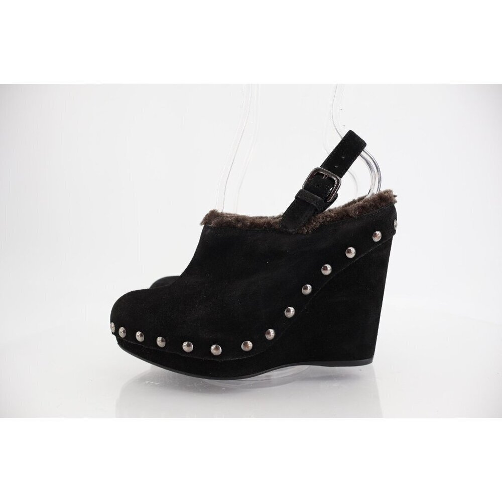 Stuart Weitzman Clogger Mules Women's Size 5.5 Black Wedge Platform Suede Fur - Picture 4 of 12